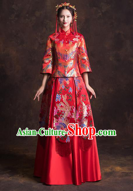 China Classical Xiuhe Suits Red Brocade Blouse and Dress Traditional Wedding Bride Costumes