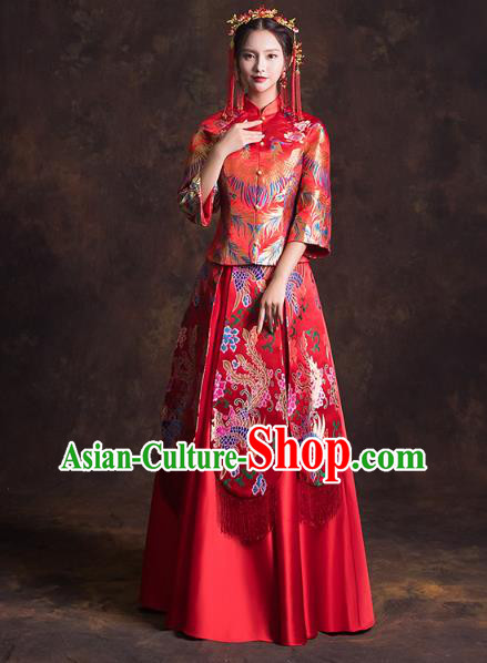 China Classical Xiuhe Suits Red Brocade Blouse and Dress Traditional Wedding Bride Costumes