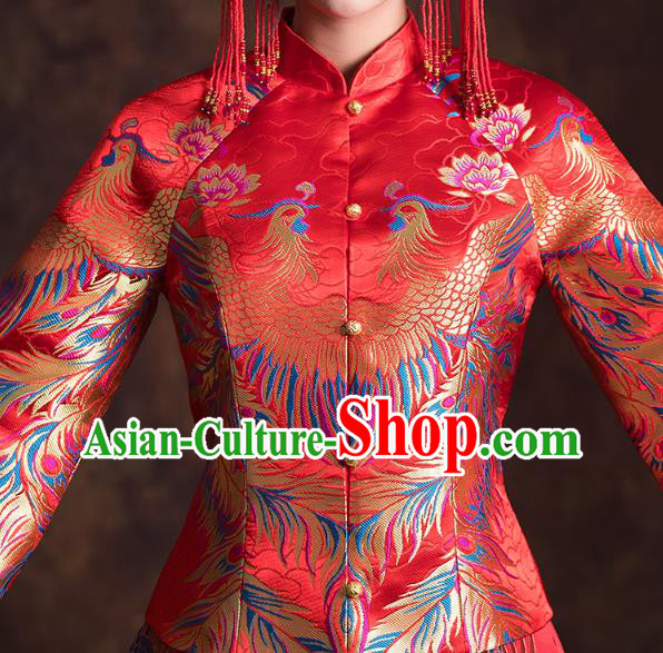 China Classical Xiuhe Suits Red Brocade Blouse and Dress Traditional Wedding Bride Costumes