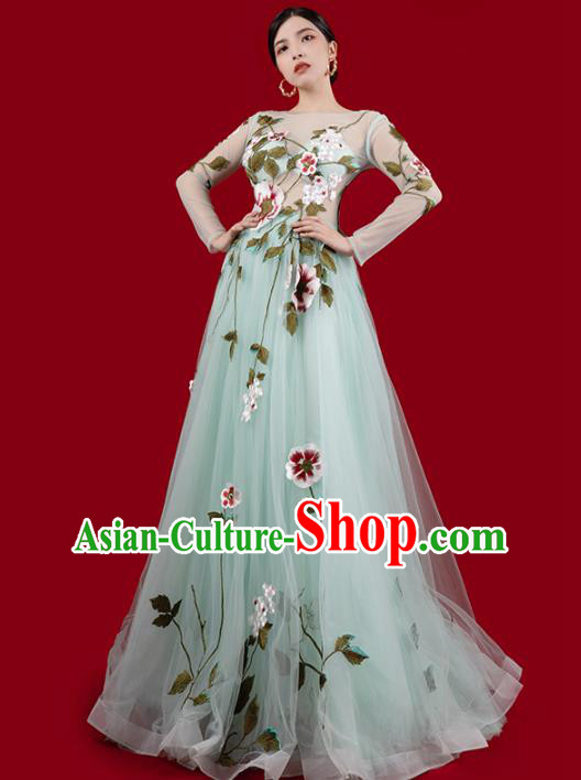 Top Grade Annual Meeting Veil Dress Stage Show Clothing Embroidery Light Green Full Dress