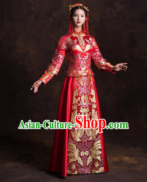 China Traditional Wedding Bride Costumes Classical Xiuhe Suits Red Brocade Mandarin Jacket and Dress