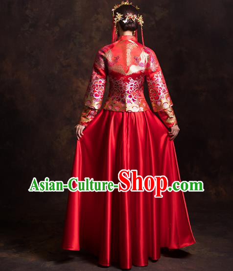 China Traditional Wedding Bride Costumes Classical Xiuhe Suits Red Brocade Mandarin Jacket and Dress