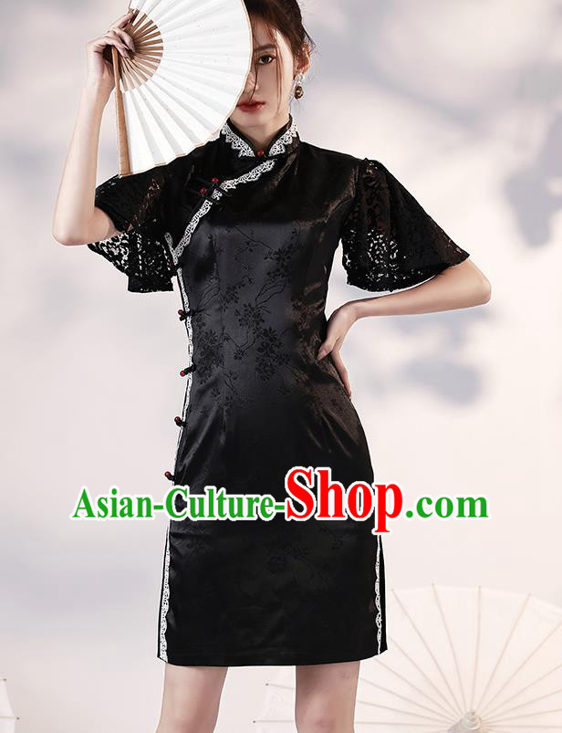 Chinese Classical Lace Sleeve Qipao Dress Traditional Modern Young Lady Black Short Cheongsam Clothing
