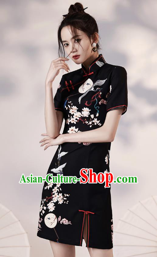 Chinese Classical Printing Cranes Black Short Qipao Dress Traditional Young Lady Modern Cheongsam Clothing