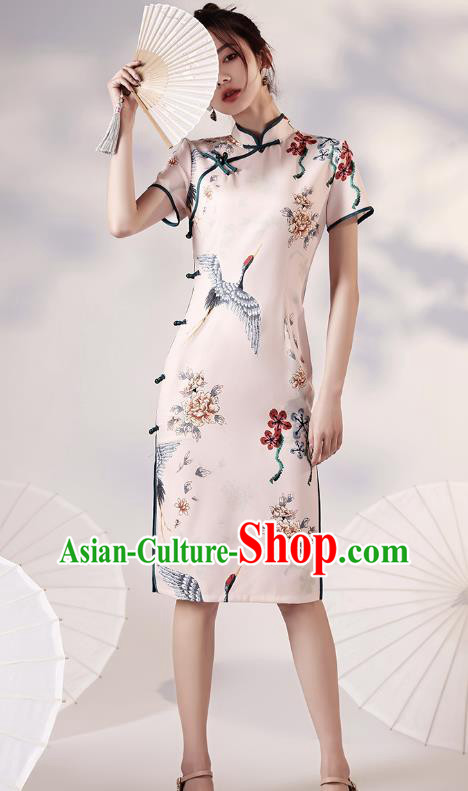 Chinese Traditional Young Lady Modern Apricot Cheongsam Clothing Classical Printing Cranes Peony Qipao Dress