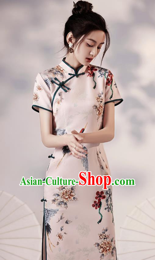 Chinese Traditional Young Lady Modern Apricot Cheongsam Clothing Classical Printing Cranes Peony Qipao Dress