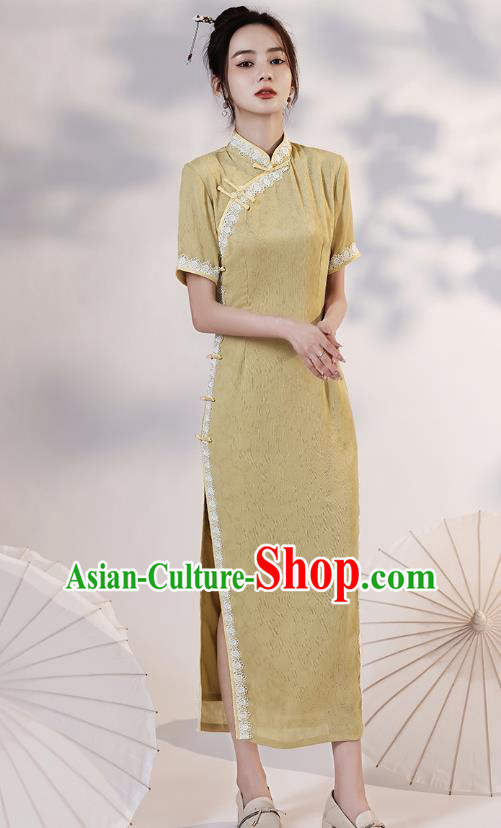 China Traditional Young Lady Yellow Qipao Dress National Modern Dance Lace Cheongsam