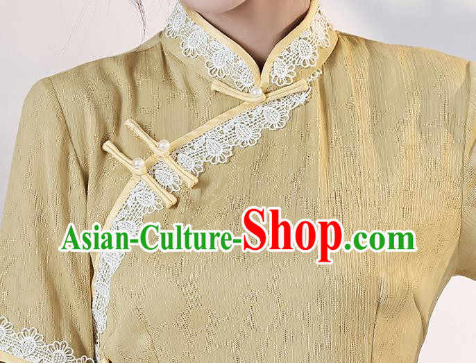 China Traditional Young Lady Yellow Qipao Dress National Modern Dance Lace Cheongsam