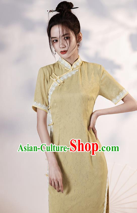 China Traditional Young Lady Yellow Qipao Dress National Modern Dance Lace Cheongsam