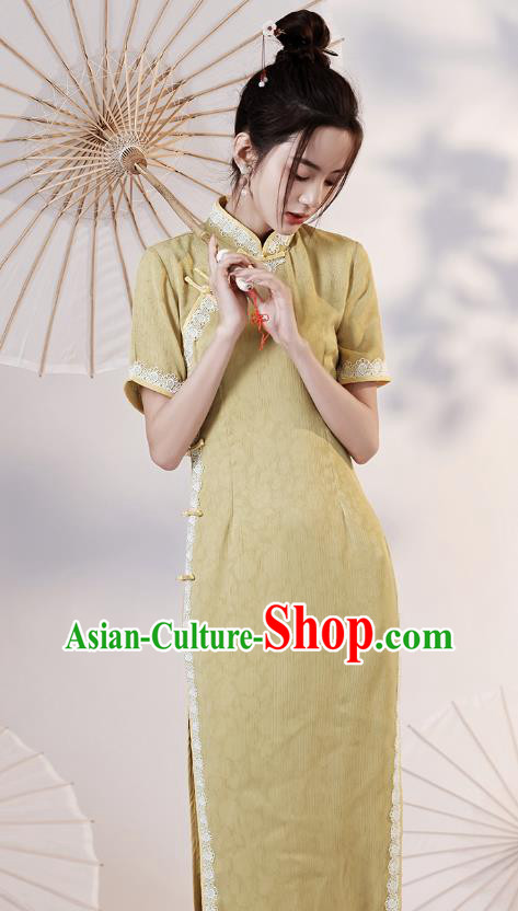 China Traditional Young Lady Yellow Qipao Dress National Modern Dance Lace Cheongsam