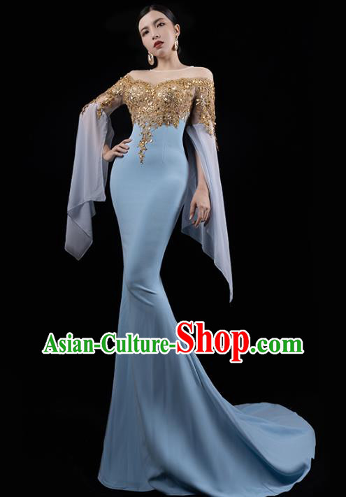 Top Grade Compere Full Dress Annual Meeting Blue Trailing Dress Catwalk Performance Clothing
