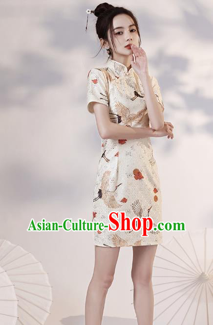 Chinese Modern Short Cheongsam Clothing Classical Printing Cranes White Qipao Dress