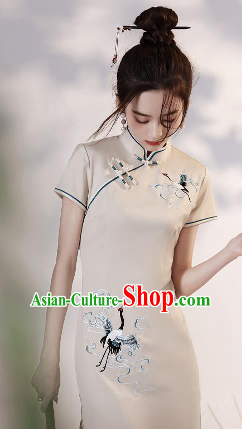 Chinese Embroidered Crane Short Cheongsam Clothing Classical Beige Satin Qipao Dress