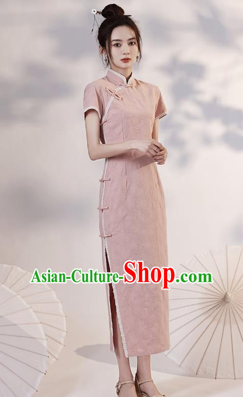 China Traditional Young Lady Pink Qipao Dress National Stage Performance Cheongsam