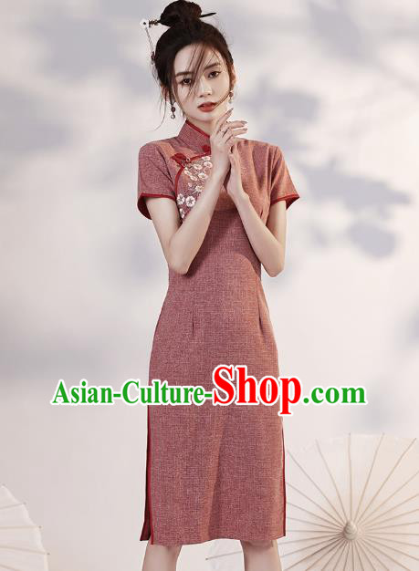 Chinese Embroidered Rust Red Cheongsam Clothing Modern Dance Short Qipao Dress