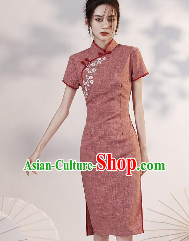 Chinese Embroidered Rust Red Cheongsam Clothing Modern Dance Short Qipao Dress