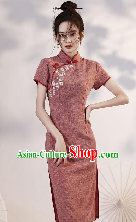 Chinese Embroidered Rust Red Cheongsam Clothing Modern Dance Short Qipao Dress