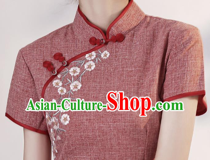 Chinese Embroidered Rust Red Cheongsam Clothing Modern Dance Short Qipao Dress