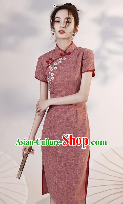Chinese Embroidered Rust Red Cheongsam Clothing Modern Dance Short Qipao Dress