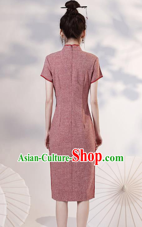 Chinese Embroidered Rust Red Cheongsam Clothing Modern Dance Short Qipao Dress