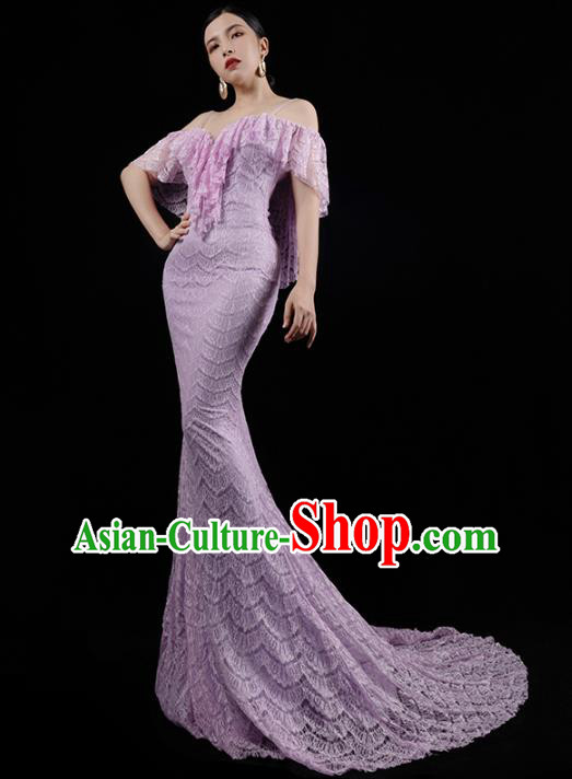 Top Grade Compere Full Dress Annual Meeting Lilac Lace Trailing Dress Catwalk Performance Clothing
