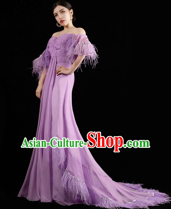 Top Grade Compere Violet Full Dress Catwalk Performance Clothing Annual Meeting Trailing Dress