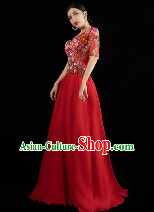 Top Grade Compere Full Dress Catwalk Performance Clothing Annual Meeting Embroidered Red Dress