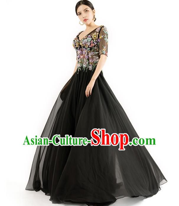 Top Grade Annual Meeting Embroidered Black Veil Dress Compere Full Dress Catwalk Performance Clothing
