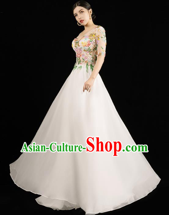 Top Grade Annual Meeting Performance Clothing Compere Full Dress Catwalk Embroidered White Veil Dress