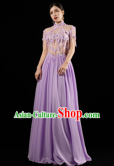 Top Grade Catwalk Dress Annual Meeting Performance Clothing Compere Lilac Beads Tassel Full Dress