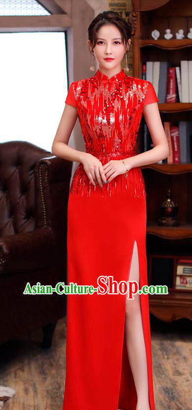 Chinese Stage Show Embroidery Sequins Qipao Dress Catwalks Costume Modern Red Cheongsam