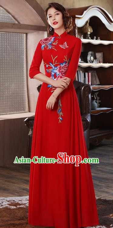 Chinese Stage Show Embroidery Peony Red Qipao Dress Catwalks Costume Classical Dance Cheongsam