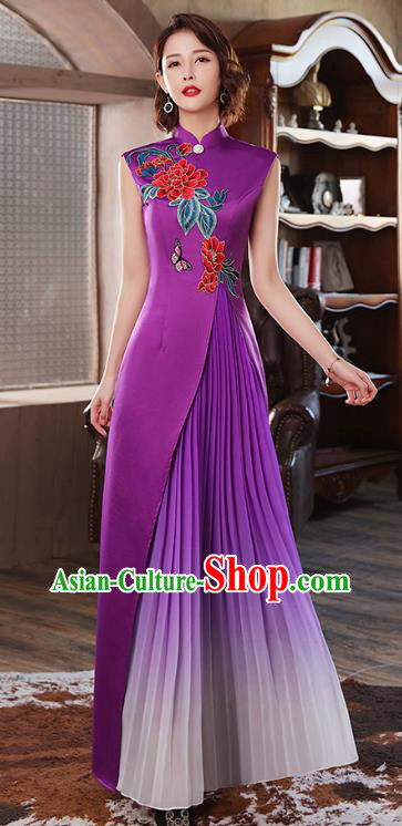 Chinese Catwalks Costume Classical Dance Cheongsam Stage Show Embroidery Peony Purple Satin Qipao Dress
