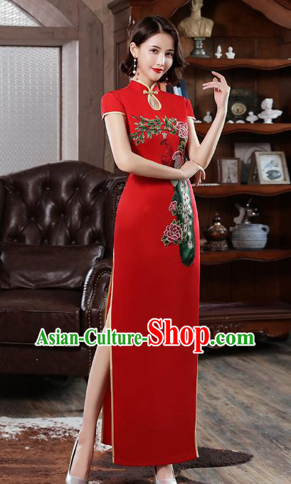 Chinese Stage Show Red Qipao Dress Embroidery Peacock Peony Cheongsam Modern Catwalks Costume