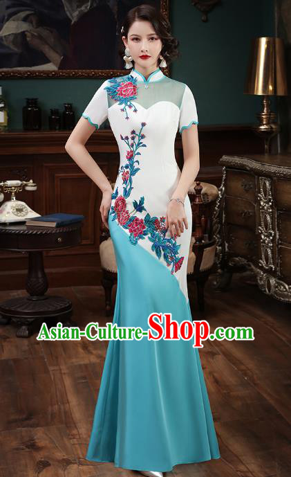 Chinese Embroidery Blue Fishtail Cheongsam Catwalks Modern Dance Costume Stage Show Qipao Dress