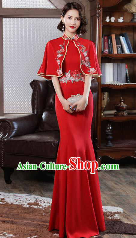 Chinese Modern Catwalks Costume Stage Show Red Qipao Dress Embroidery Tippet Cheongsam