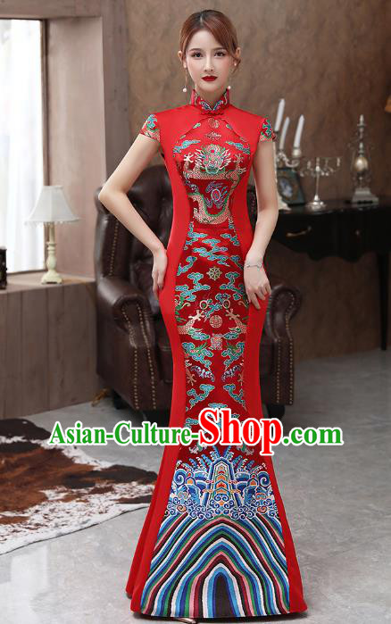 Chinese Catwalks Wedding Costume Stage Show Fishtail Qipao Dress Red Brocade Cheongsam