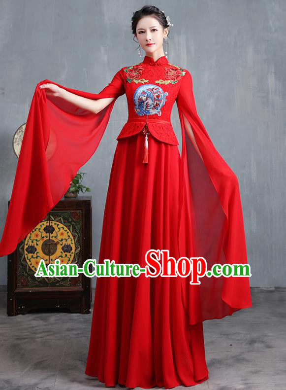 Chinese Embroidered Wedding Red Lace Cheongsam Modern Dance Costume Stage Show Qipao Dress