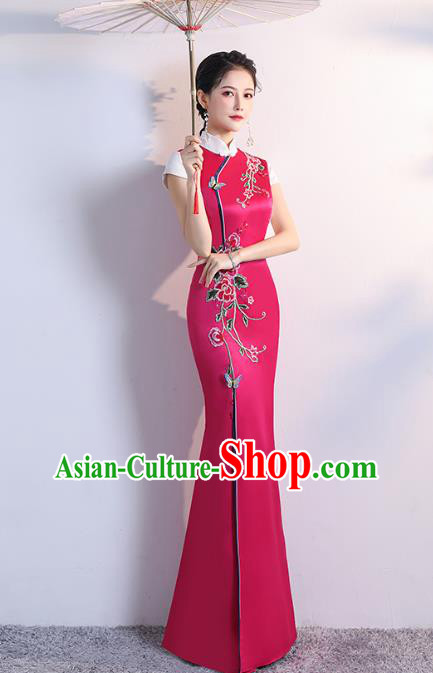 Chinese Embroidered Rosy Satin Cheongsam Modern Dance Costume Stage Show Fishtail Qipao Dress