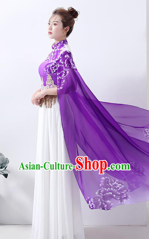 Chinese Classical Dance Cheongsam Chorus Performance Costume Printing Peony Purple Qipao Dress