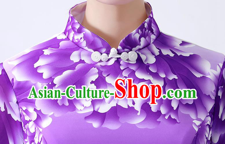 Chinese Classical Dance Cheongsam Chorus Performance Costume Printing Peony Purple Qipao Dress