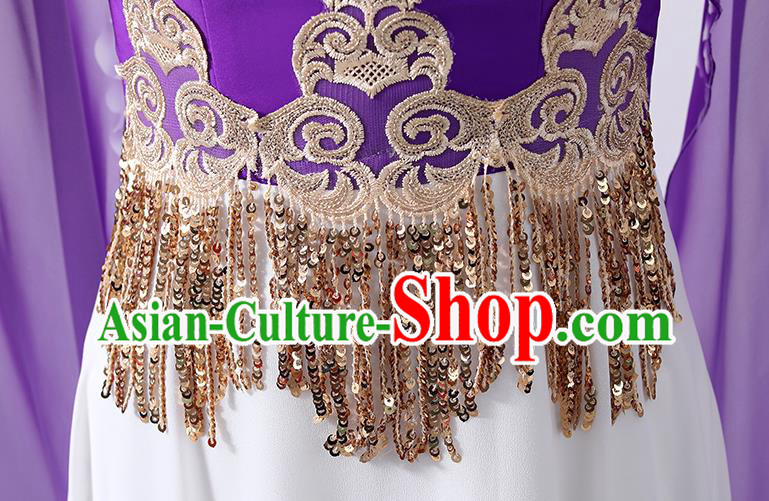 Chinese Classical Dance Cheongsam Chorus Performance Costume Printing Peony Purple Qipao Dress