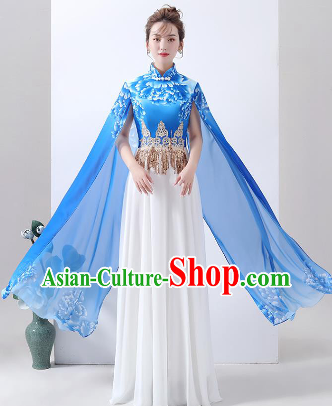 Chinese Chorus Performance Costume Printing Peony Blue Qipao Dress Classical Dance Cheongsam