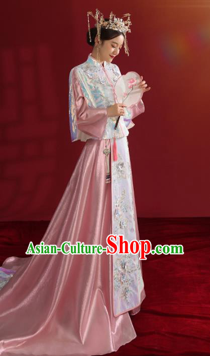 China Bride Dress Traditional Wedding Costumes Classical Embroidered Pink Xiuhe Suit