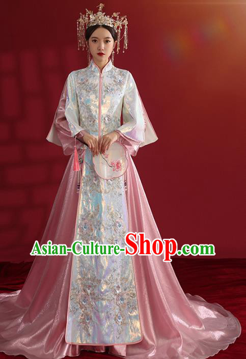 China Bride Dress Traditional Wedding Costumes Classical Embroidered Pink Xiuhe Suit
