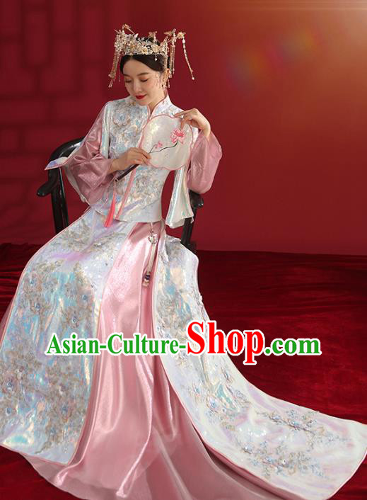 China Bride Dress Traditional Wedding Costumes Classical Embroidered Pink Xiuhe Suit