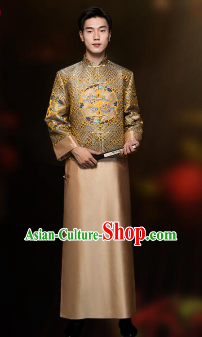 Chinese Classical Bridegroom Clothing Traditional Wedding Costume Golden Mandarin Jacket and Long Robe