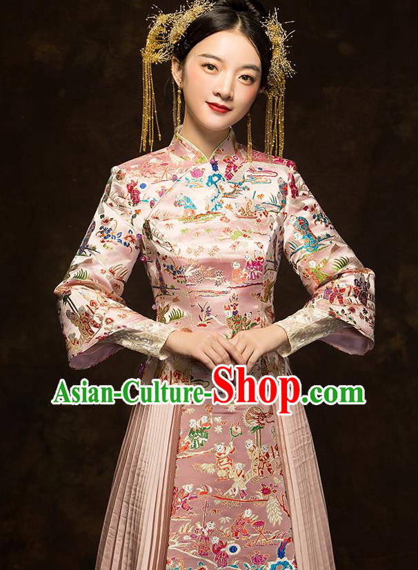 China Classical Embroidered Pink Xiuhe Suit Bride Dress Traditional Wedding Costumes