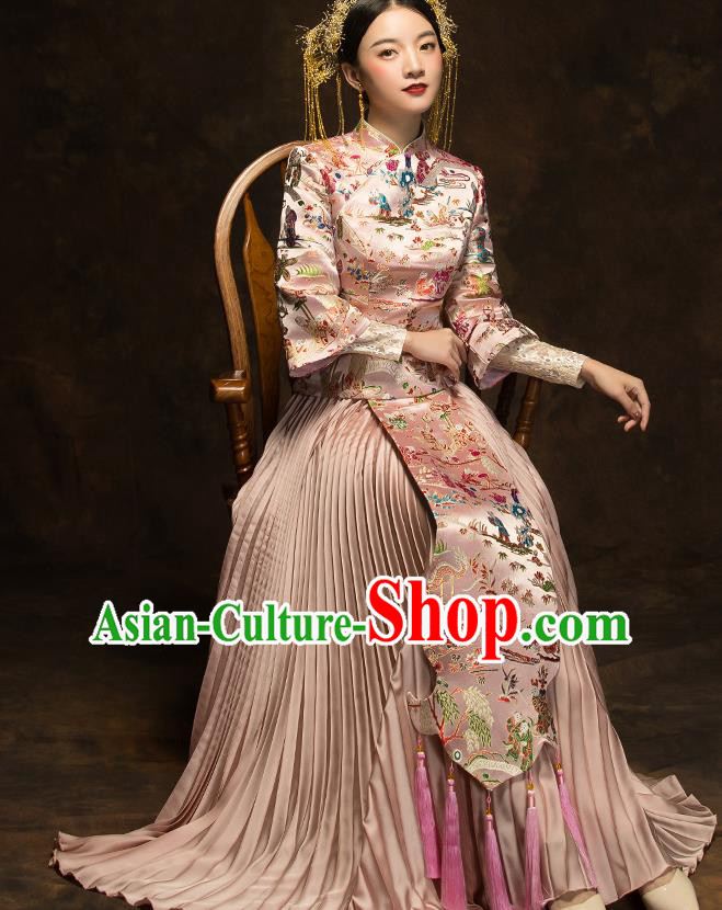China Classical Embroidered Pink Xiuhe Suit Bride Dress Traditional Wedding Costumes