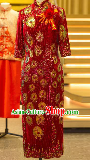 Chinese Traditional Mother Red Qipao Dress Wedding Elderly Woman Velvet Cheongsam